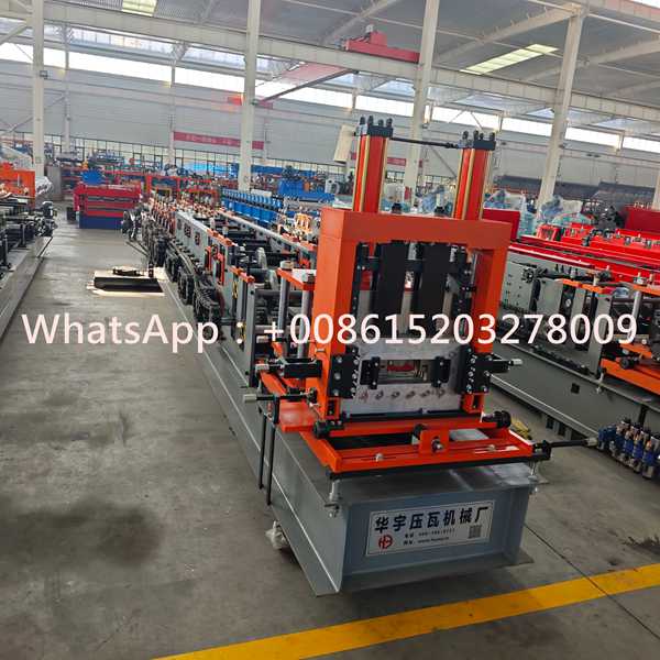 Servo-driven correa purlin machine with motorized section switching and inline punching. C/Z output from GI to PPGI coil for steel frames and solar racking.